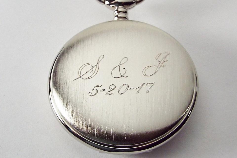 Personalized Pocket Watch Custom Engraved Silver Satin Finish Quartz Pocket Watch with Ivory Dial - Hand Engraved