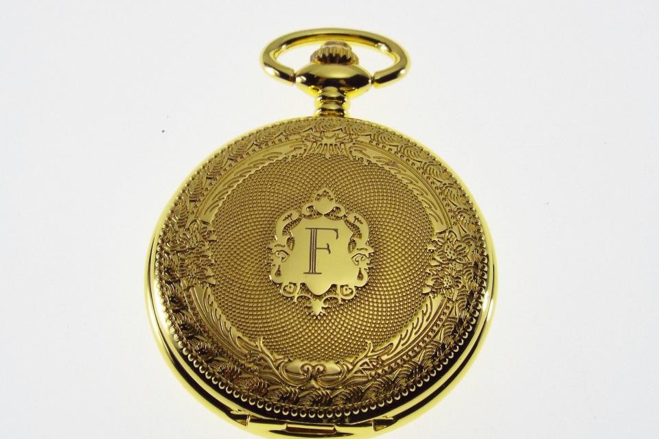 Pocket Watch Custom Engraved Gold Tone Mechanical Wind Up Pocket Watch with Front Shield and Skeleton Back - Hand Engraved