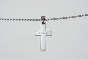 Personalized Custom Engraved Solid Stainless Steel Cross on Stainless Steel Curb Chain - Hand Engraved
