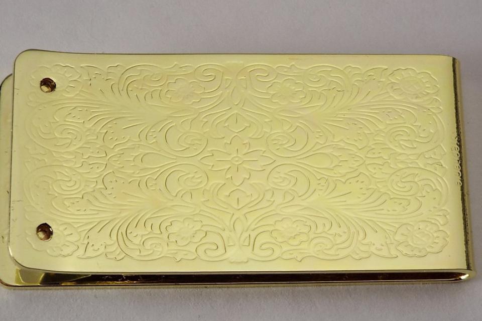 Custom Engraved Money Clip Personalized Gold Tone with Scroll Design  -Hand Engraved