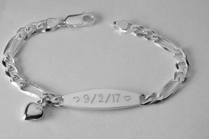 Custom Engraved Sterling Silver ID Bracelet with Heart Charm 7 Inch Length Personalized Jewelry - Hand Engraved