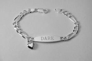 Custom Engraved Sterling Silver ID Bracelet with Heart Charm 7 Inch Length Personalized Jewelry - Hand Engraved