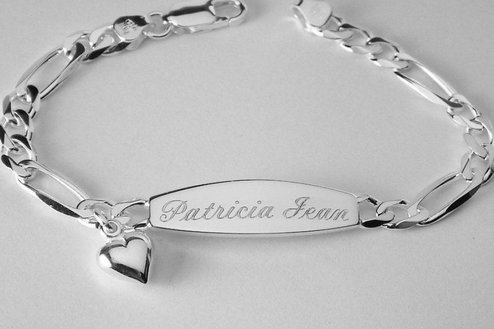 Custom Engraved Sterling Silver ID Bracelet with Heart Charm 7 Inch Length Personalized Jewelry - Hand Engraved