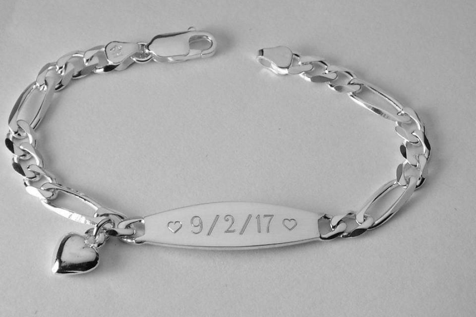 Custom Engraved Sterling Silver ID Bracelet with Heart Charm 7 Inch Length Personalized Jewelry - Hand Engraved