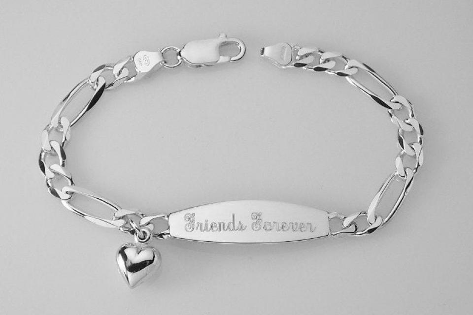 Custom Engraved Sterling Silver ID Bracelet with Heart Charm 7 Inch Length Personalized Jewelry - Hand Engraved