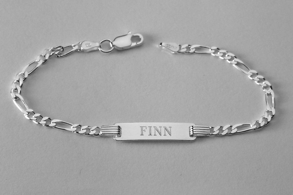 Custom Engraved Sterling Silver Childs ID Bracelet with Figaro Style Chain 6 Inch Length - Hand Engraved