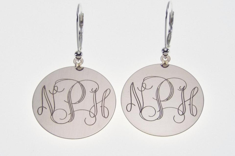 Engraved Monogram Earrings Personalized Sterling Silver One Inch Round Lever Back - Hand Engraved