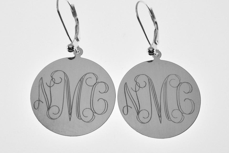 Engraved Monogram Earrings Personalized Sterling Silver One Inch Round Lever Back - Hand Engraved
