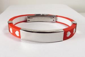 Personalized Jewelry Custom Engraved Red Silicone With White Hearts Rubber and Stainless Steel ID Bracelet 8 Inch Length  - Hand Engraved