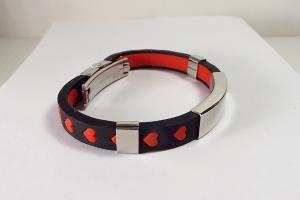 Personalized Jewelry Custom Engraved Black Silicone With Red Hearts Rubber and Stainless Steel ID Bracelet 8 Inch Length - Hand Engraved