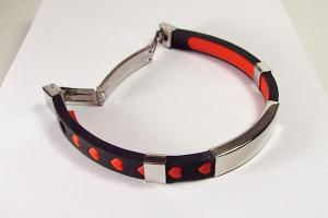 Personalized Jewelry Custom Engraved Black Silicone With Red Hearts Rubber and Stainless Steel ID Bracelet 8 Inch Length - Hand Engraved