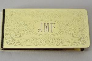 Custom Engraved Money Clip Personalized Gold Tone with Scroll Design -Hand Engraved