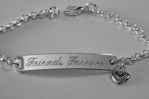 Custom Engraved Personalized Silver Plated ID Bracelet with Heart Charm - Hand Engraved