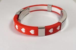 Personalized Jewelry Custom Engraved Red Silicone With White Hearts Rubber and Stainless Steel ID Bracelet 8 Inch Length - Hand Engraved