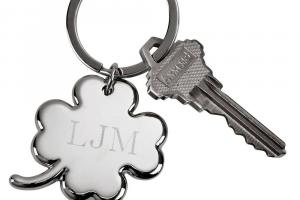 Custom Engraved Personalized Lucky Four Leaf Clover High Polish Silver Key Chain - Hand Engraved