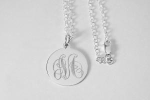 Personalized Jewelry Custom Engraved Sterling Silver Ornate Initial on Round Disc Necklace - Hand Engraved