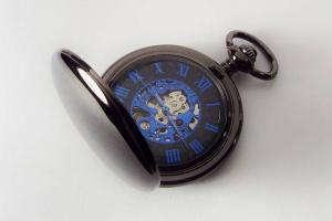 Pocket Watch Custom Engraved Personalized Gloss Black Mechanical Wind Up Watch with Blue Numbers and Skeleton Dial - Hand Engraved