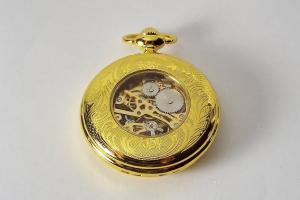 Pocket Watch Custom Engraved Gold Tone Mechanical Wind Up Pocket Watch with Front Shield and Skeleton Back - Hand Engraved