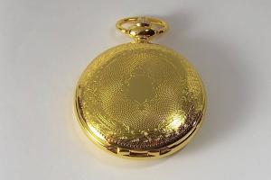 Pocket Watch Custom Engraved Gold Tone Mechanical Wind Up Pocket Watch with Front Shield and Skeleton Back - Hand Engraved