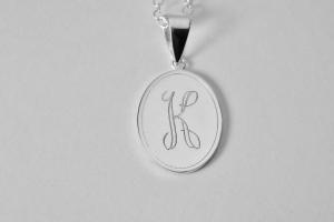 Initial Monogram Personalized Necklace Custom Engraved Sterling Silver Oval Charm Pendant - Hand Engraved