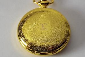 Pocket Watch Custom Engraved Gold Tone Mechanical Wind Up Pocket Watch with Front Shield and Skeleton Back - Hand Engraved