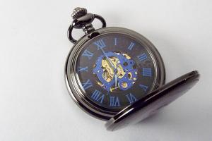 Pocket Watch Custom Engraved Black Mechanical Wind Up Pocket Watch with Front Shield and Skeleton Back - Hand Engraved