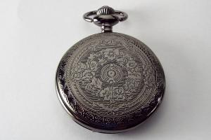 Personalized Pocket Watch Black Crest Cover Custom Engraved Quartz Battery Operated  - Hand Engraved