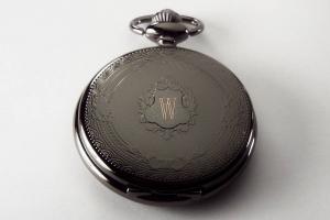 Personalized Pocket Watch Black Crest Cover Custom Engraved Quartz Battery Operated - Hand Engraved