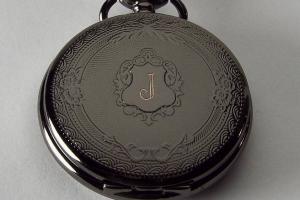 Personalized Pocket Watch Black Crest Cover Custom Engraved Quartz Battery Operated - Hand Engraved