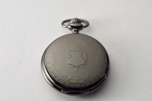Personalized Pocket Watch Black Crest Cover Custom Engraved Quartz Battery Operated - Hand Engraved