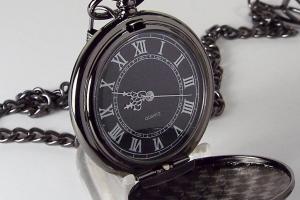 Personalized Pocket Watch Black Crest Cover Custom Engraved Quartz Battery Operated - Hand Engraved