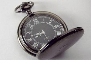 Personalized Pocket Watch Black Crest Cover Custom Engraved Quartz Battery Operated - Hand Engraved