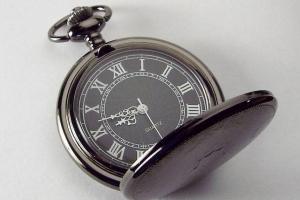 Personalized Pocket Watch Black Crest Cover Custom Engraved Quartz Battery Operated  - Hand Engraved