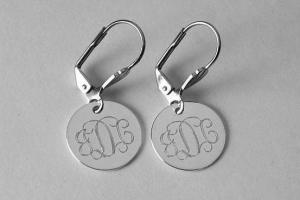 Monogram Earrings Custom Engraved Silver Plated Round Lever Back Personalized Jewelry - Hand Engraved