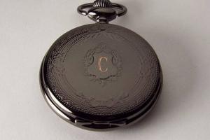 Personalized Pocket Watch Black Crest Cover Custom Engraved Quartz Battery Operated  - Hand Engraved