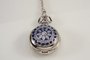 Personalized Pendant Watch Custom Engraved Necklace Watch Blue Enamel and Crystals  - Hand Engraved
