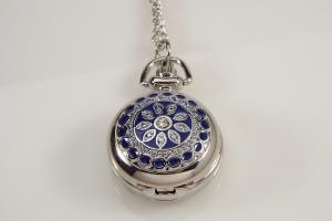 Personalized Pendant Watch Custom Engraved Necklace Watch Blue Enamel and Crystals - Hand Engraved