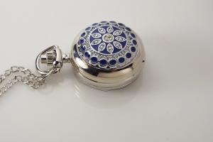 Personalized Pendant Watch Custom Engraved Necklace Watch Blue Enamel and Crystals  - Hand Engraved