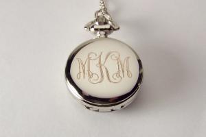 Personalized Pendant Watch Custom Engraved Necklace Watch Blue Enamel and Crystals - Hand Engraved