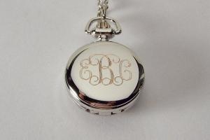 Personalized Pendant Watch Custom Engraved Necklace Watch Black Enamel and Crystals - Hand Engraved