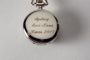 Personalized Pendant Watch Custom Engraved Necklace Watch Black Enamel and Crystals - Hand Engraved
