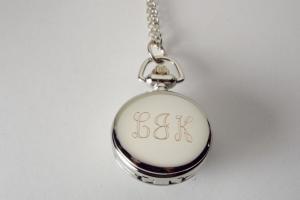 Personalized Pendant Watch Custom Engraved Necklace Watch White Enamel and Crystals - Hand Engraved