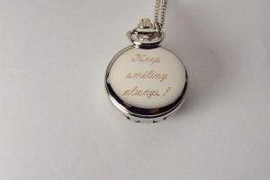 Personalized Pendant Watch Custom Engraved Necklace Watch White Enamel and Crystals - Hand Engraved