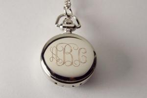 Personalized Pendant Watch Custom Engraved Necklace Watch White Enamel and Crystals - Hand Engraved