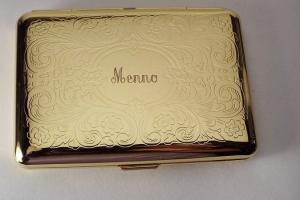 Personalized Custom Engraved Golden Business Card Case or Kings Cigarette Case Double Sided Scroll Design  -Hand Engraved