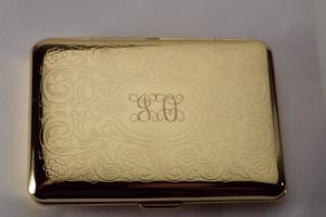 Personalized Custom Engraved Golden Business Card Case or Kings Cigarette Case Double Sided Scroll Design -Hand Engraved