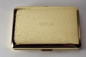 Personalized Custom Engraved Golden Business Card Case or Kings Cigarette Case Double Sided Scroll Design -Hand Engraved