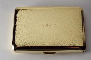 Personalized Custom Engraved Golden Business Card Case or Kings Cigarette Case Double Sided Scroll Design  -Hand Engraved