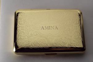 Personalized Custom Engraved Golden Business Card Case or Kings Cigarette Case Double Sided Scroll Design -Hand Engraved