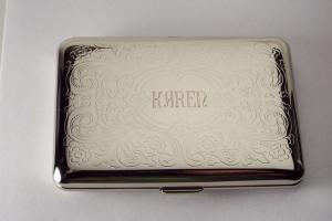 Custom Engraved Personalized Business Card Case or Kings Cigarette Case Double Sided Scroll Design -Hand Engraved